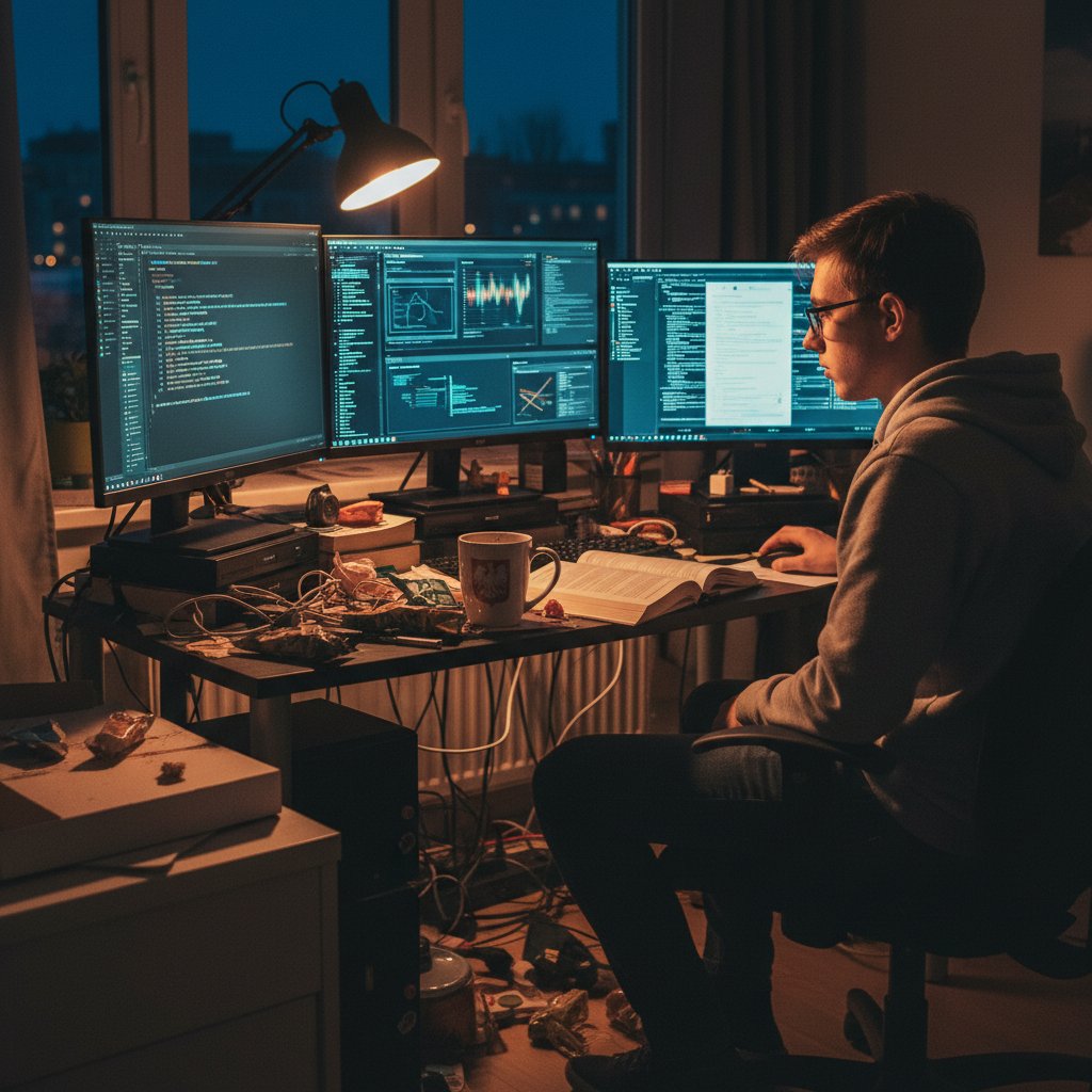 Student fizyki obliczeniowej online podczas nocnej nauki, otoczony ekranami z kodem, notatkami i kubkiem kawy