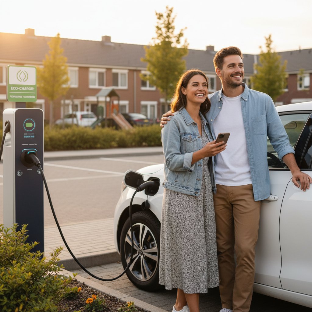 Young couple at a charging station with a budget-friendly electric car