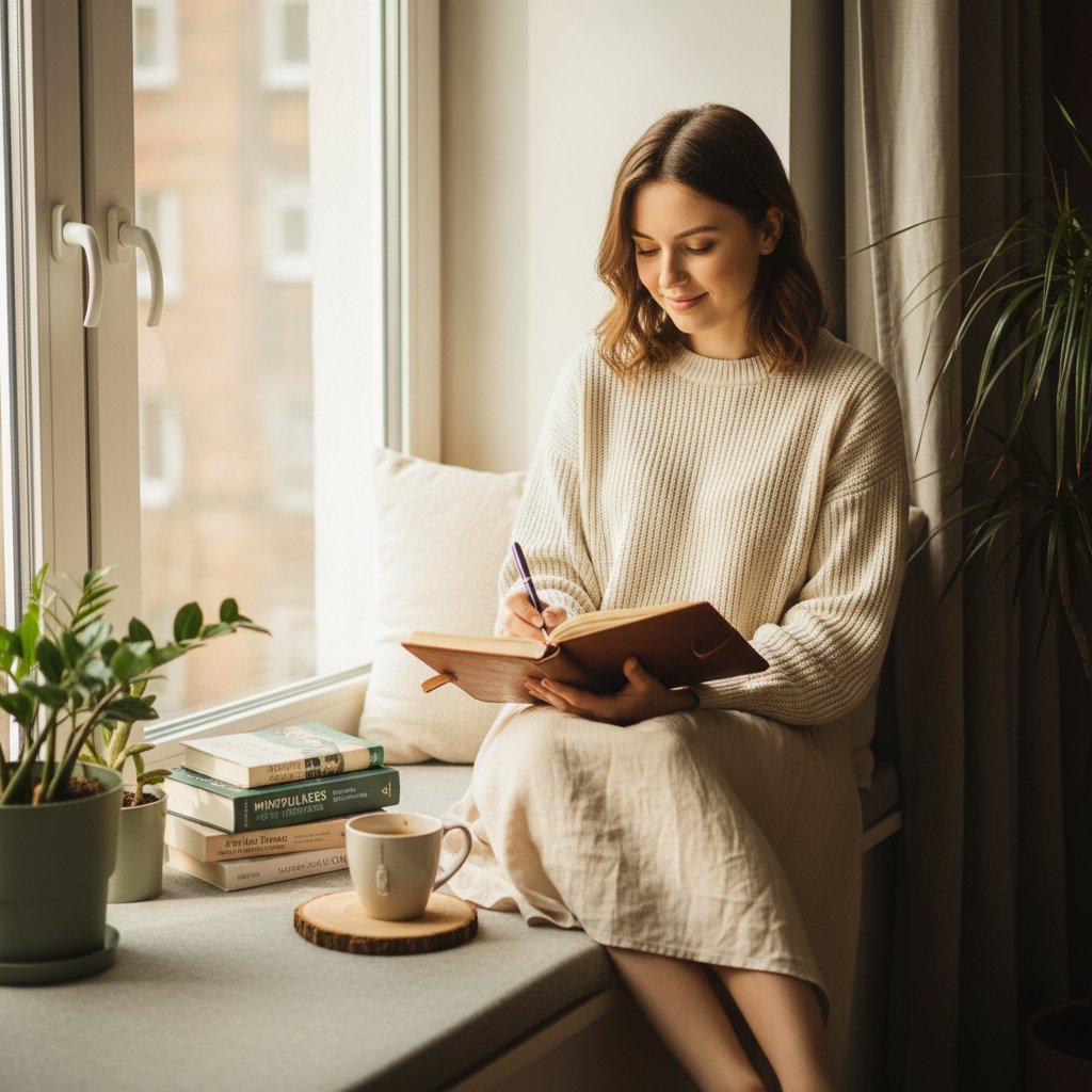 Młoda kobieta prowadząca dziennik – droga do spokoju i dystansu do lęku o zdrowie