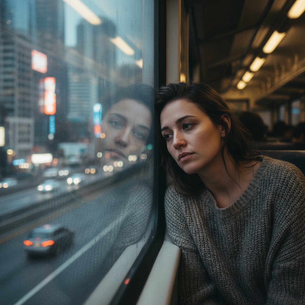 Zmęczona kobieta patrząca w okno pociągu – codzienne zmagania z niedoczynnością tarczycy