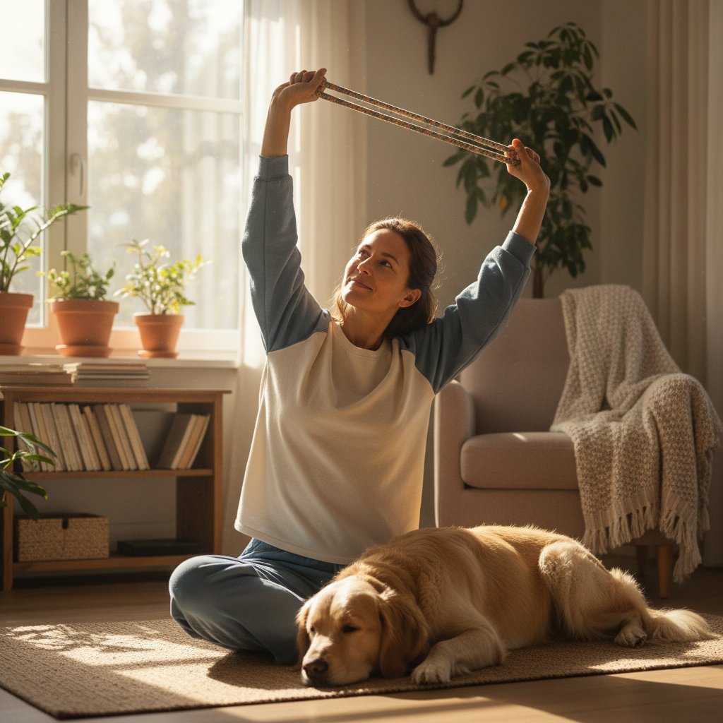 Poranne ćwiczenia dla osób z RZS w domu, osoba w jasnym wnętrzu wykonuje delikatne rozciąganie