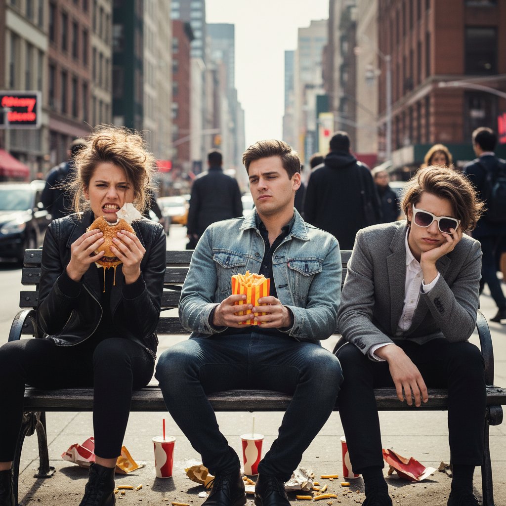 Grupa młodych ludzi jedzących na mieście, jedna osoba z widocznym dyskomfortem