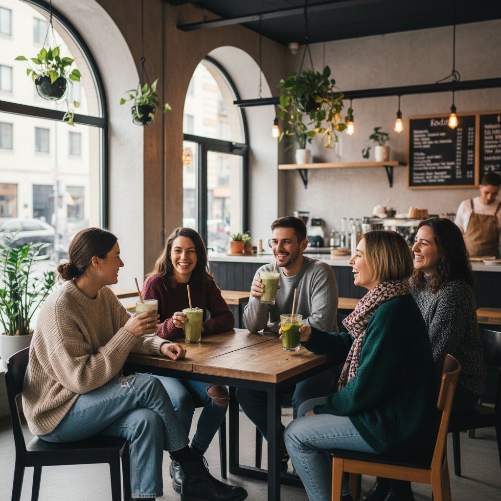 Grupa przyjaciół w kawiarni z napojami z zielonej herbaty, nowoczesny klimat