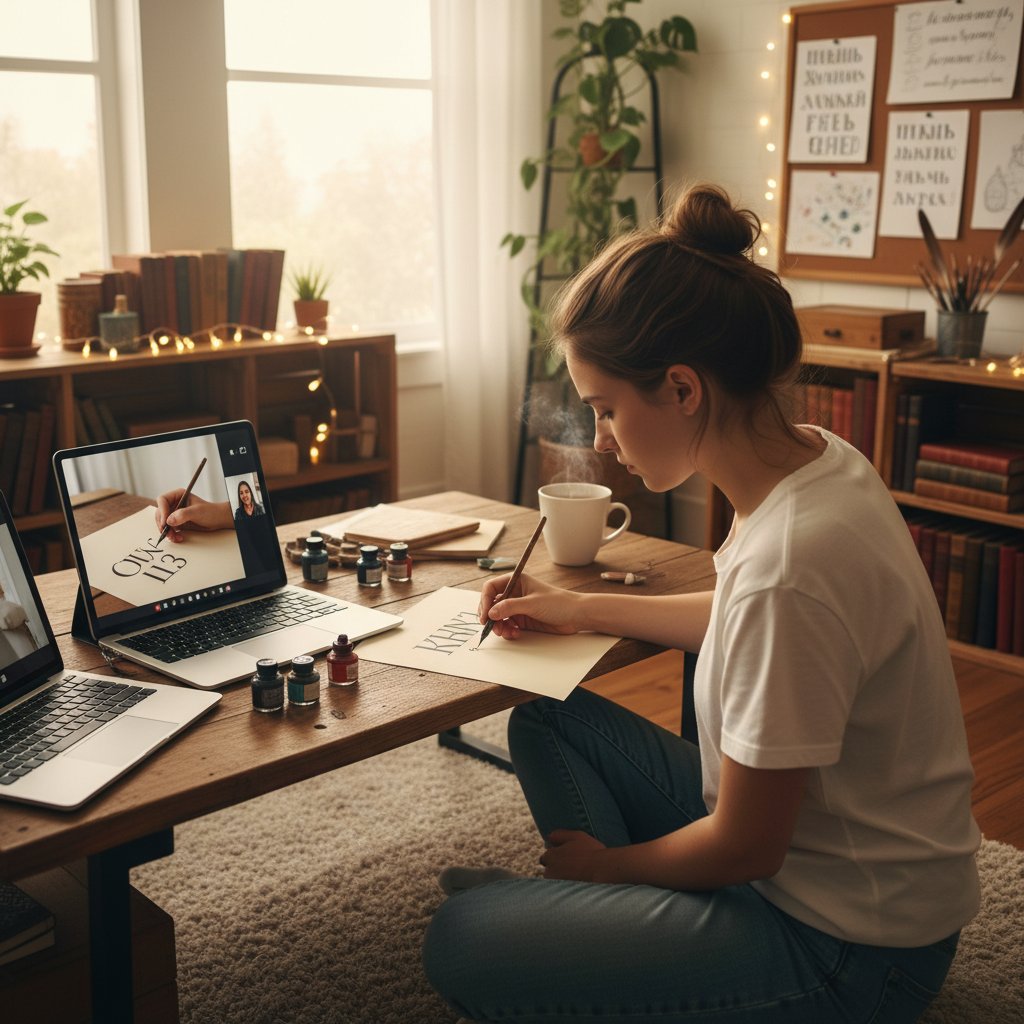 Młoda osoba ćwiczy kaligrafię cyrylicy z pomocą wideo online