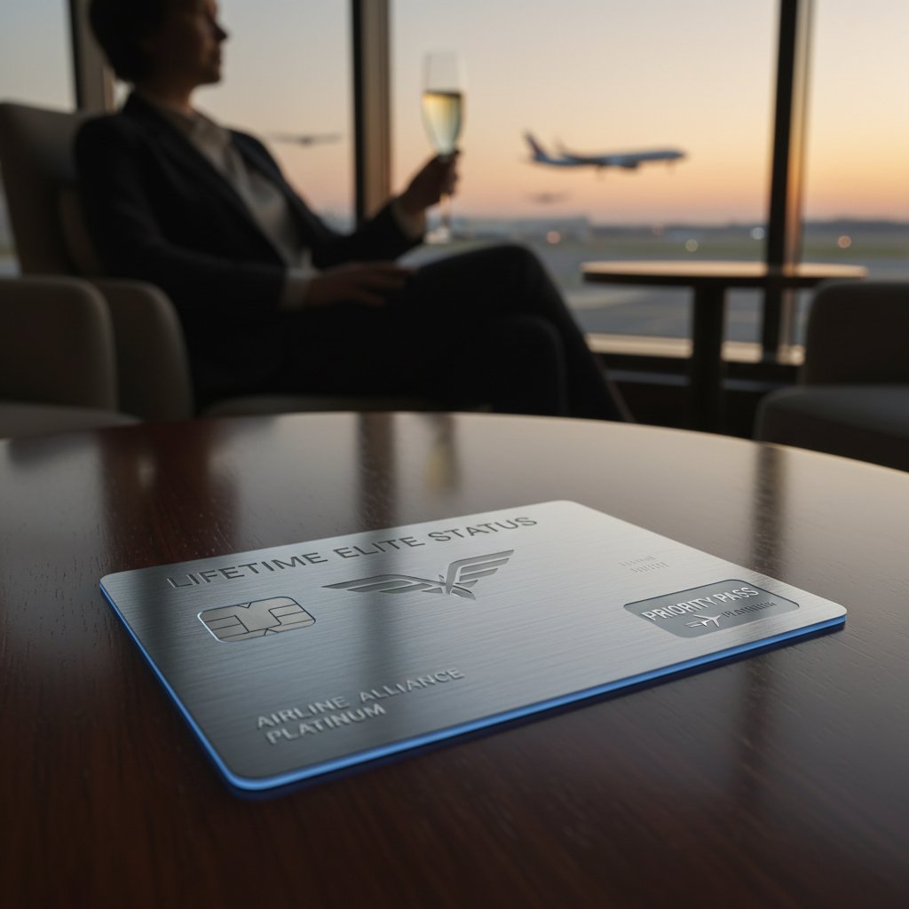 Weathered gold airline status card held in hand at airport lounge with blurred lights