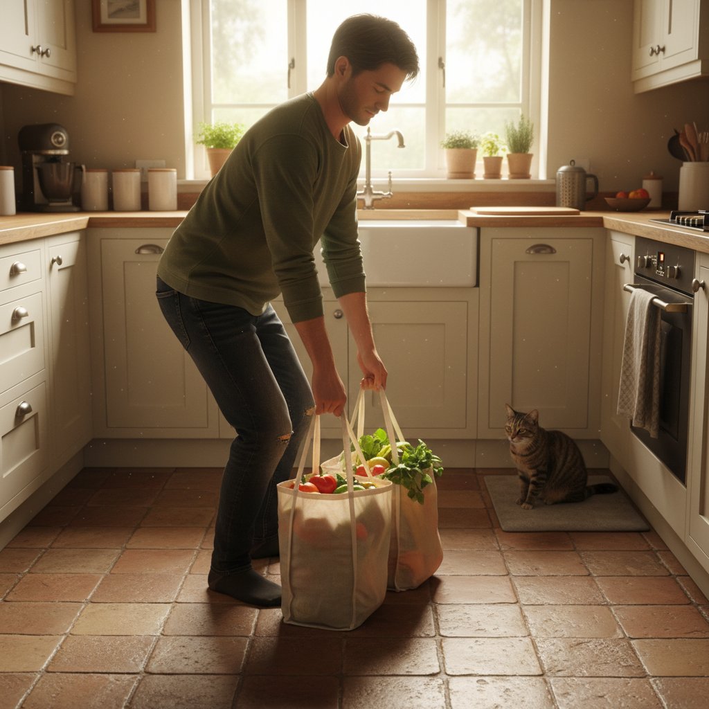 Prawidłowe podnoszenie ciężarów w domu zapobiegające naderwaniu, kuchnia, ciepłe światło