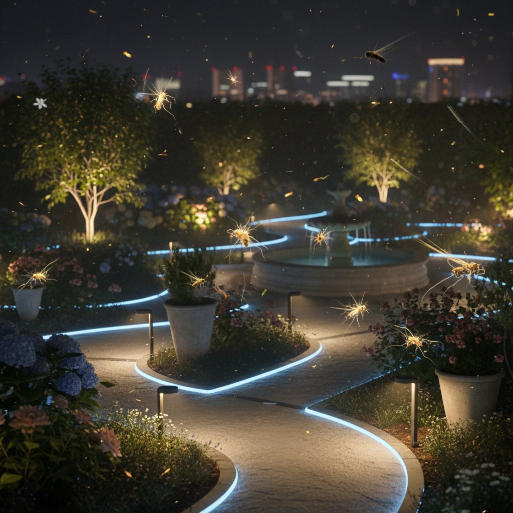 Ogród nocą z widocznym zanieczyszczeniem światłem, owady przelatujące wokół lamp