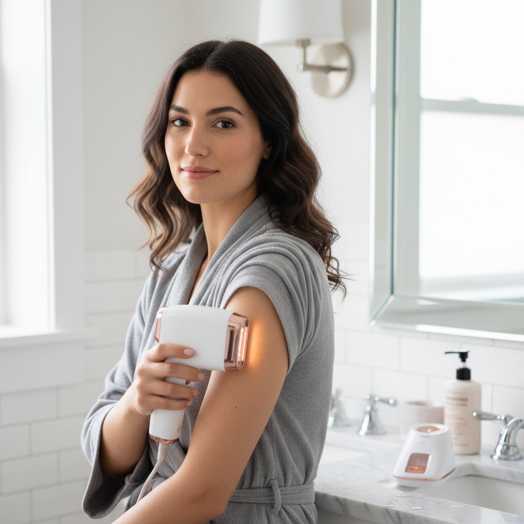 Młoda kobieta o jasnej karnacji i ciemnych włosach przed domowym zabiegiem IPL, wyraźny kontrast skóry i włosów