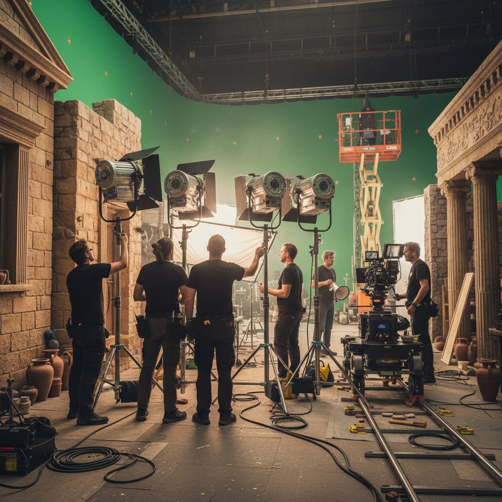 Lighting crew and set designer at work, making of movies behind the scenes