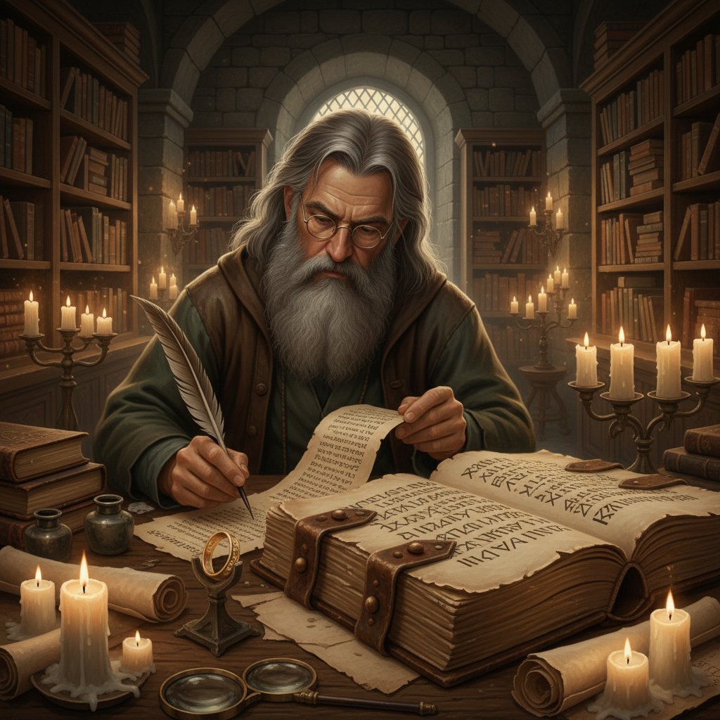 Linguist creating languages for lord of the rings movies, working by candlelight with ancient scripts