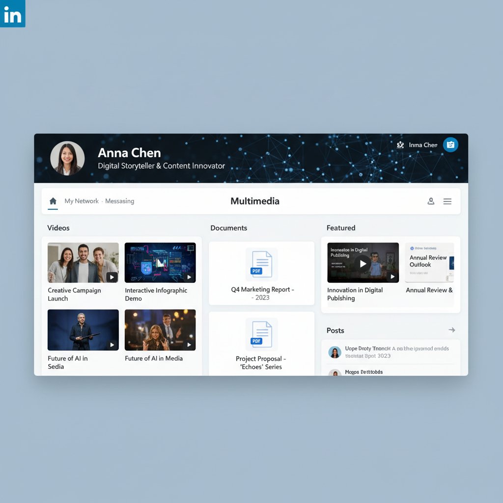 LinkedIn profile z widocznymi multimediami, dokumentami i wideo, ręka przewija profil