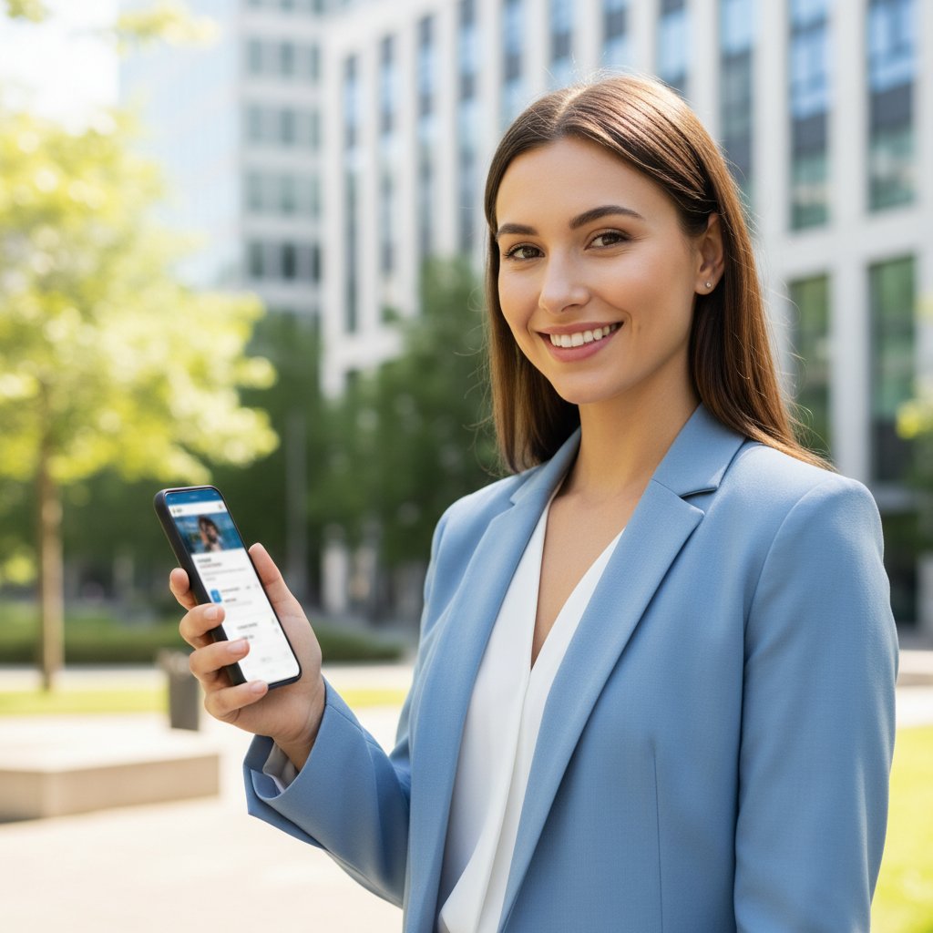 Zdjęcie profesjonalnego profilu LinkedIn na ekranie telefonu, światło dzienne, motyw budowania marki osobistej online