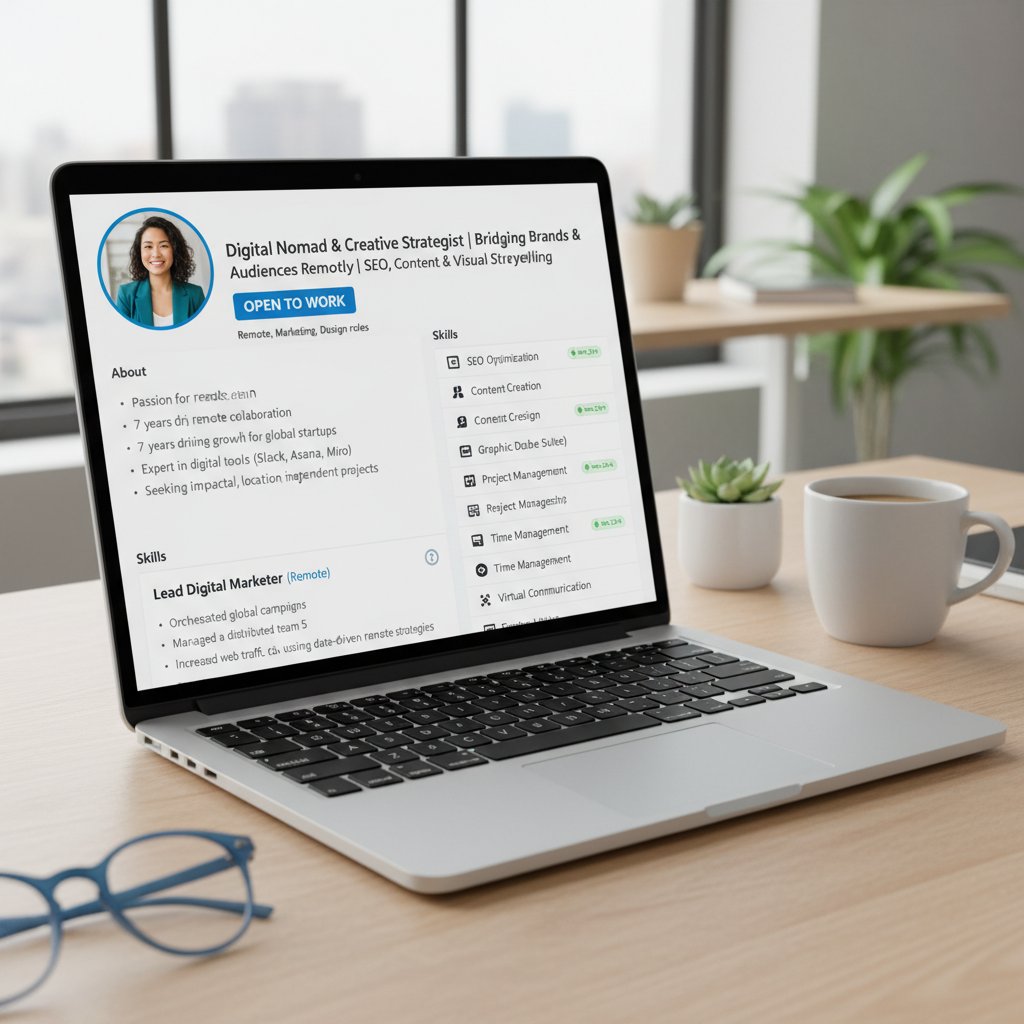 Zrzut ekranu profesjonalnego profilu LinkedIn, podkreślenie umiejętności zdalnych