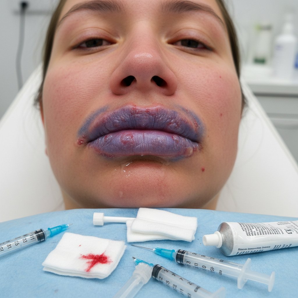 Zbliżenie na usta z powikłaniami po nieudanym zabiegu, ślady siniaków i opuchlizny, dramatyczna scena kliniczna