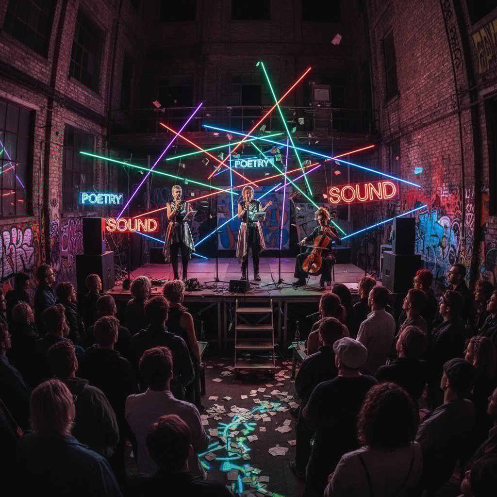 Artyści podczas performansu literackiego, neonowe światło, publiczność w ruchu