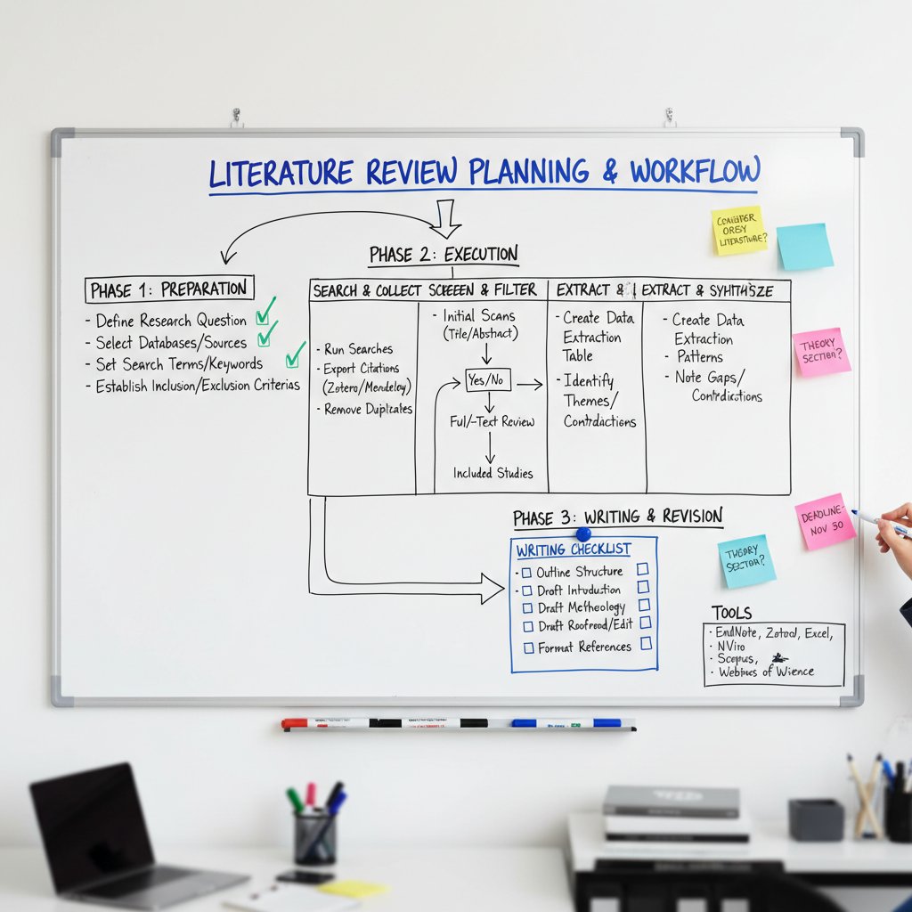 Visual planning of a literature review process, whiteboard mind map, workflow, review checklist