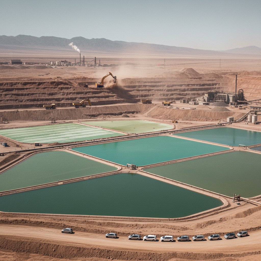 Photo of a lithium mining operation with industrial machinery, showing environmental impact and human labor