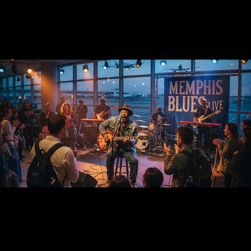 Live blues musician at Memphis airport lounge with diverse travelers