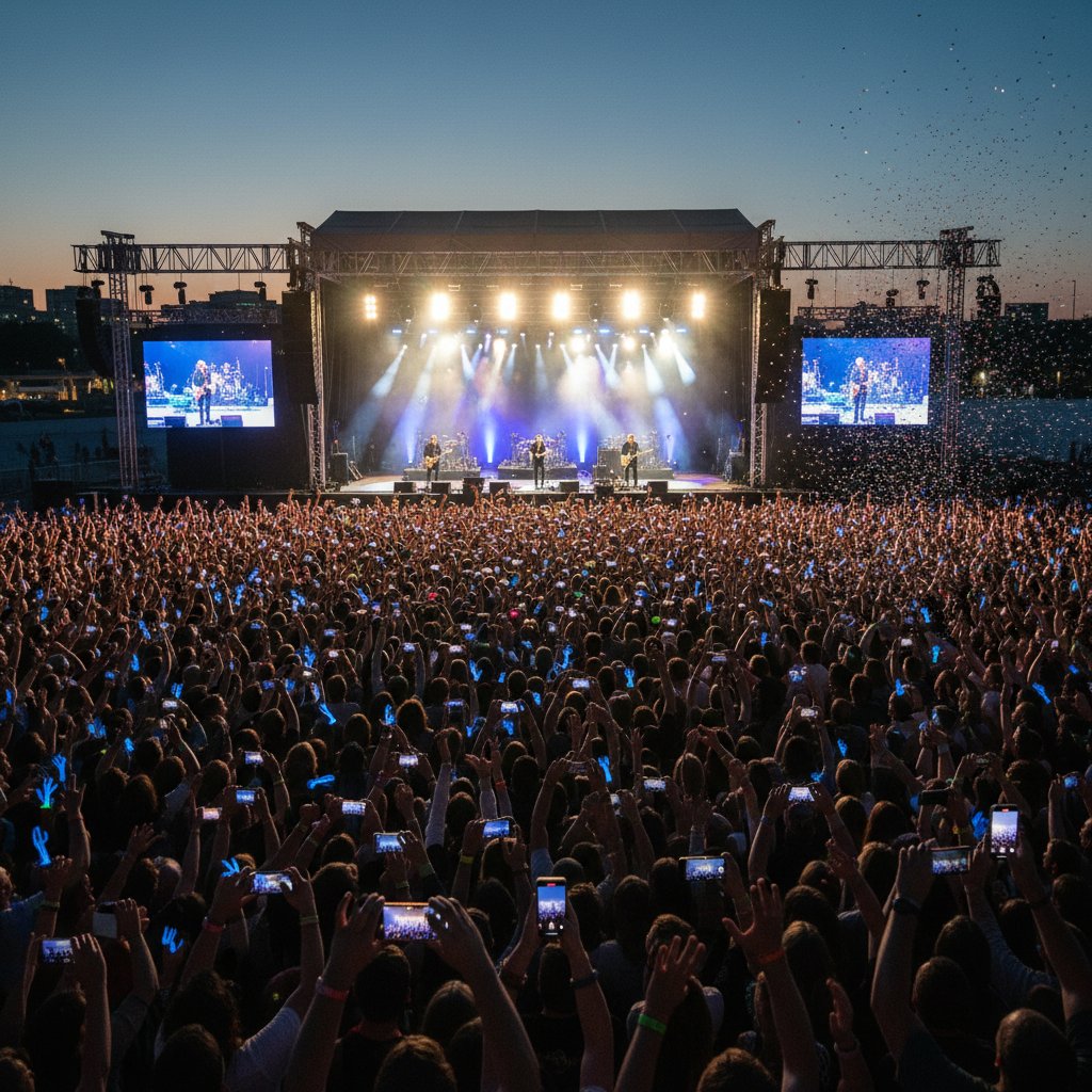 Zespół muzyczny na koncercie z tłumem robiącym zdjęcia telefonami – popkulturowa wizualizacja efektu FOMO