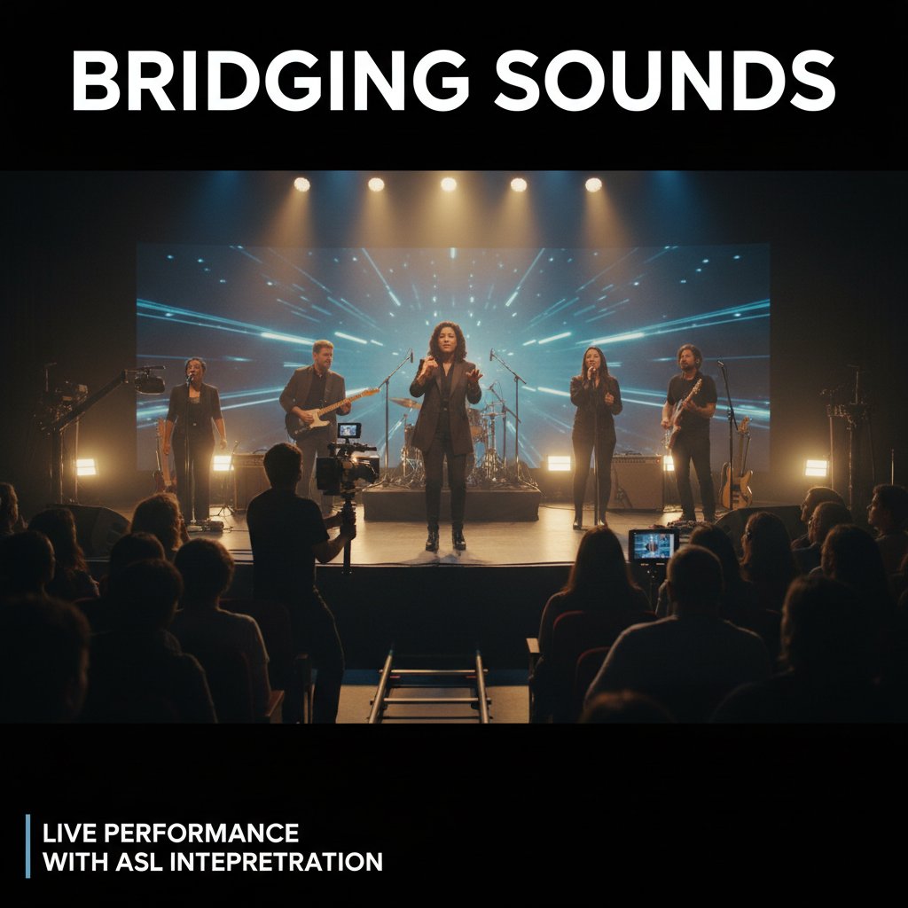 Crew preparing a live performance for diverse audiences, accessibility setup, cameras, sign language interpreter