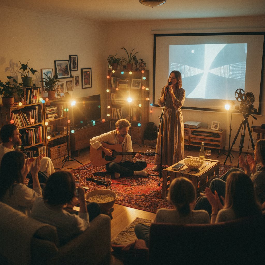 People watching a live performance movie at home, cinematic lighting, living room transformed into concert venue