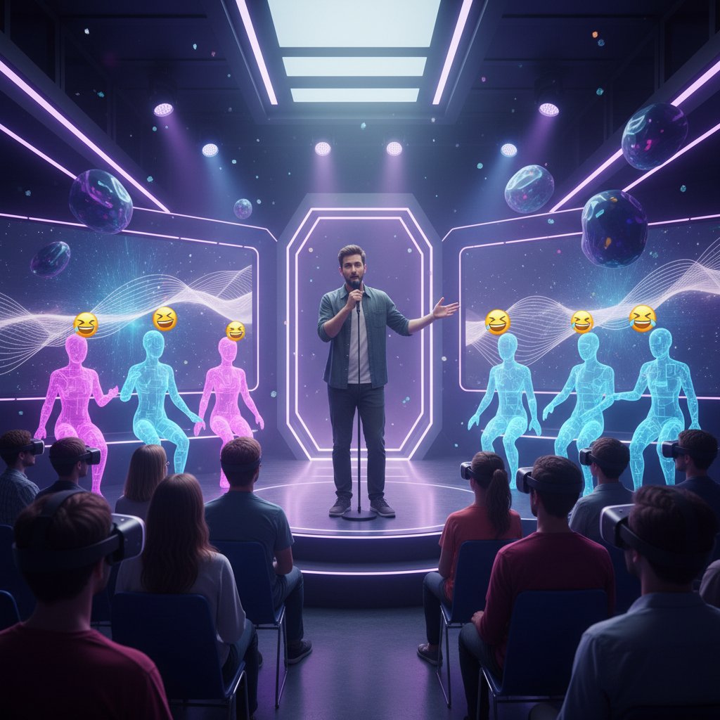 Live stand-up comic performing to a mixed-reality audience, bridging VR comedy movies and live entertainment