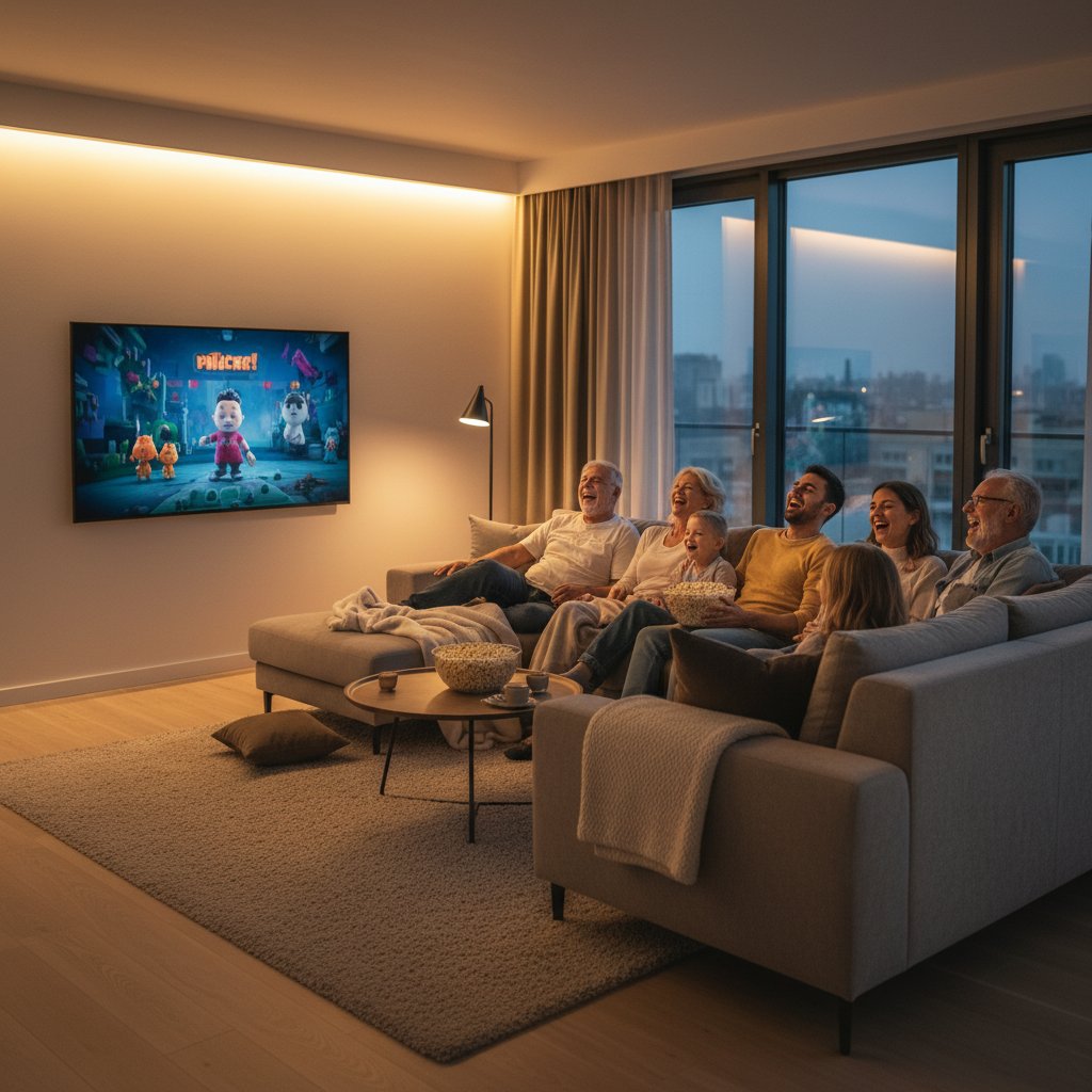 Multi-generational family bonding during a shared movie night