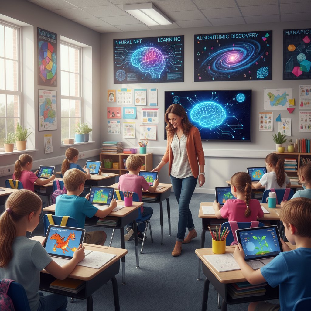 Klasa korzystająca z multimediów AI podczas lekcji, nauczycielka i uczniowie z tabletami