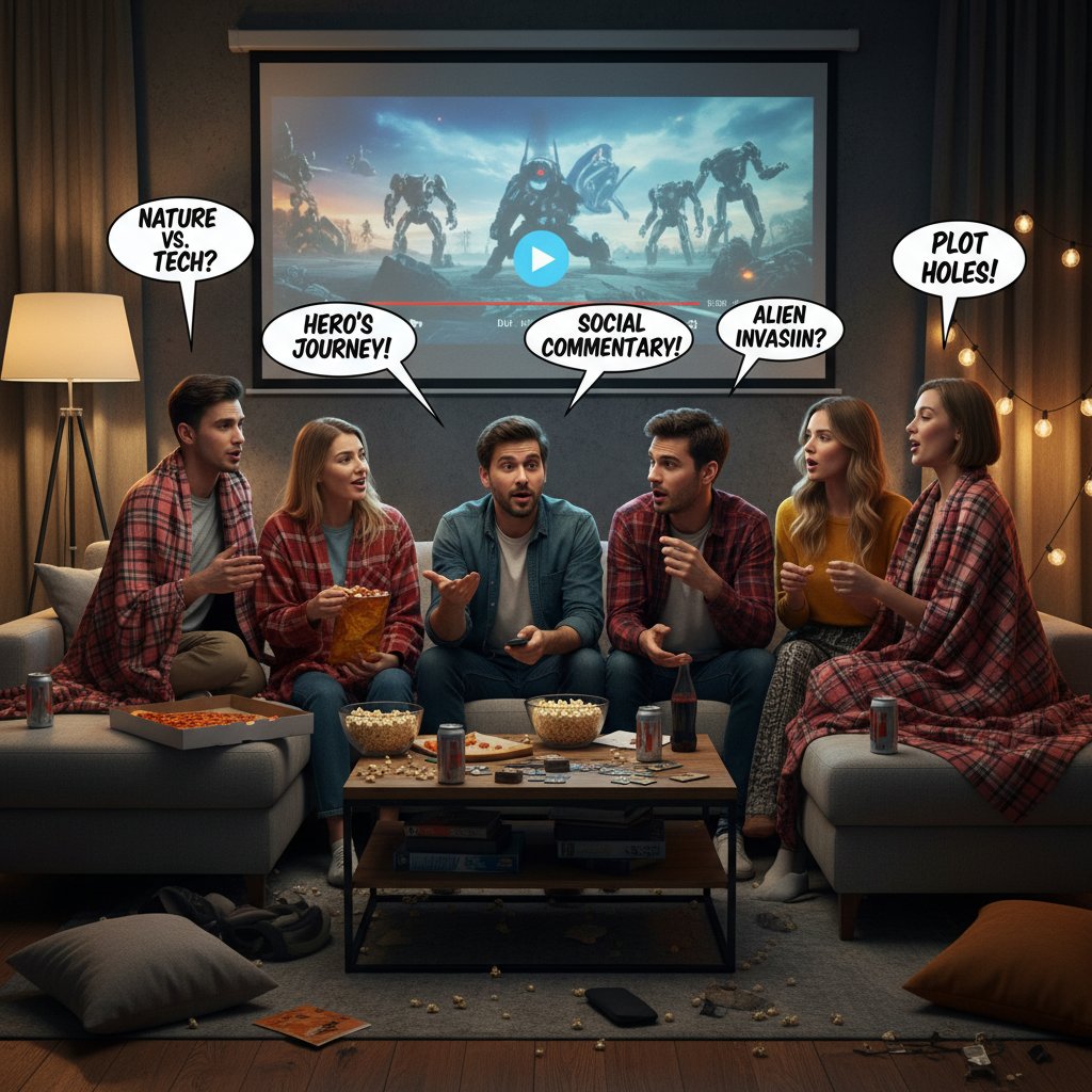 A lively living room scene with friends debating after a movie night, showcasing the impact of movie themes
