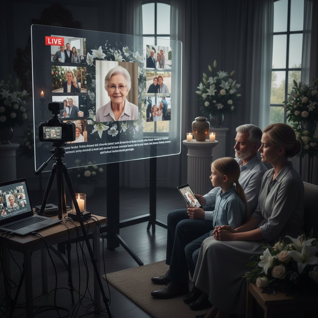 A laptop screen showing a livestream funeral with real-time chat and multimedia tributes