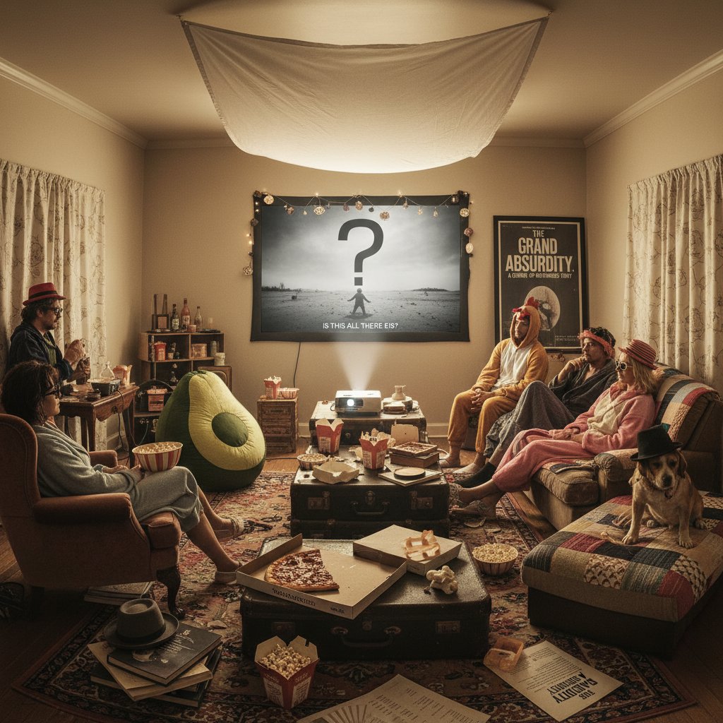 Living room set up for quirky existential comedy movie screening