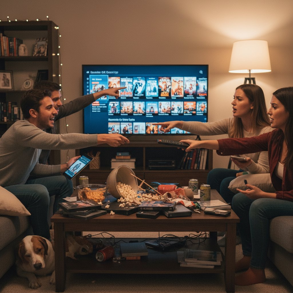 Friends debating movie choices in a living room