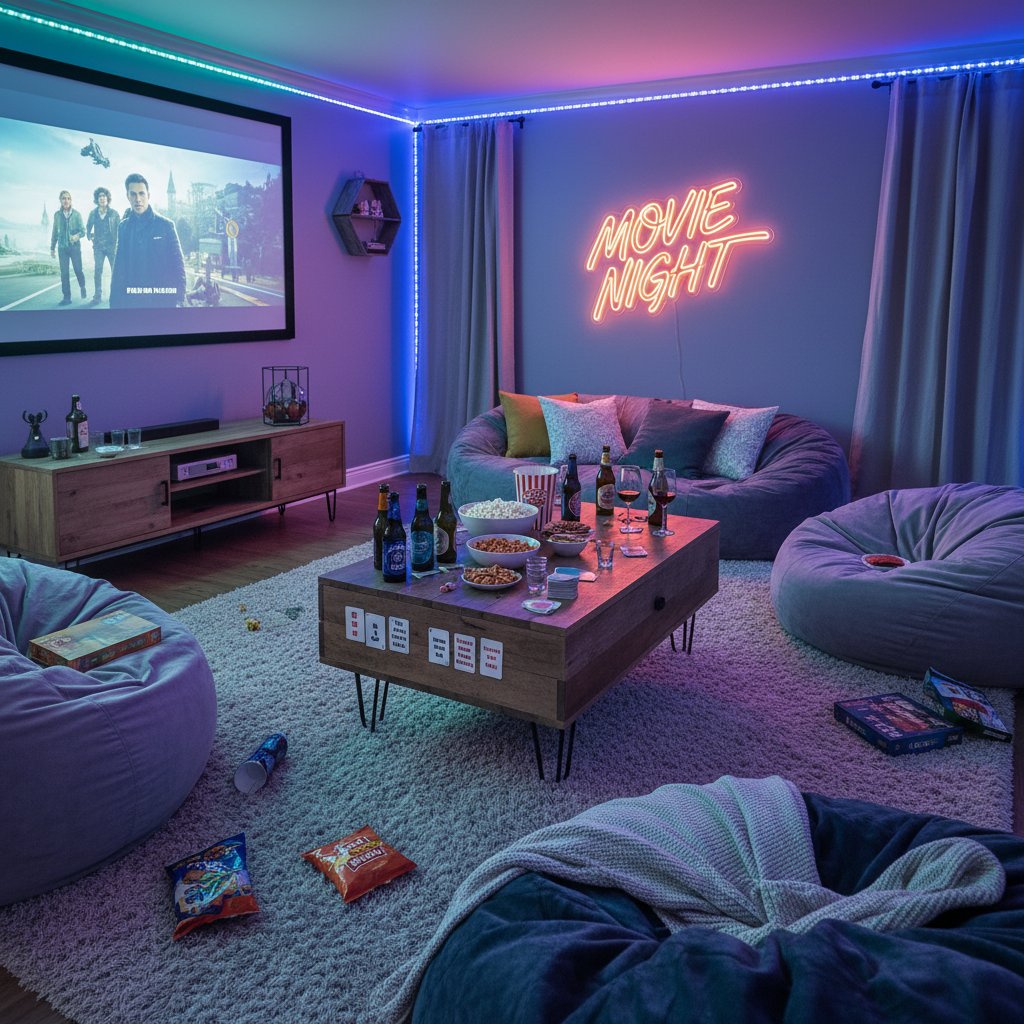A living room set up for a movie drinking game night: snacks, neon lights, comfy seating, movie projected
