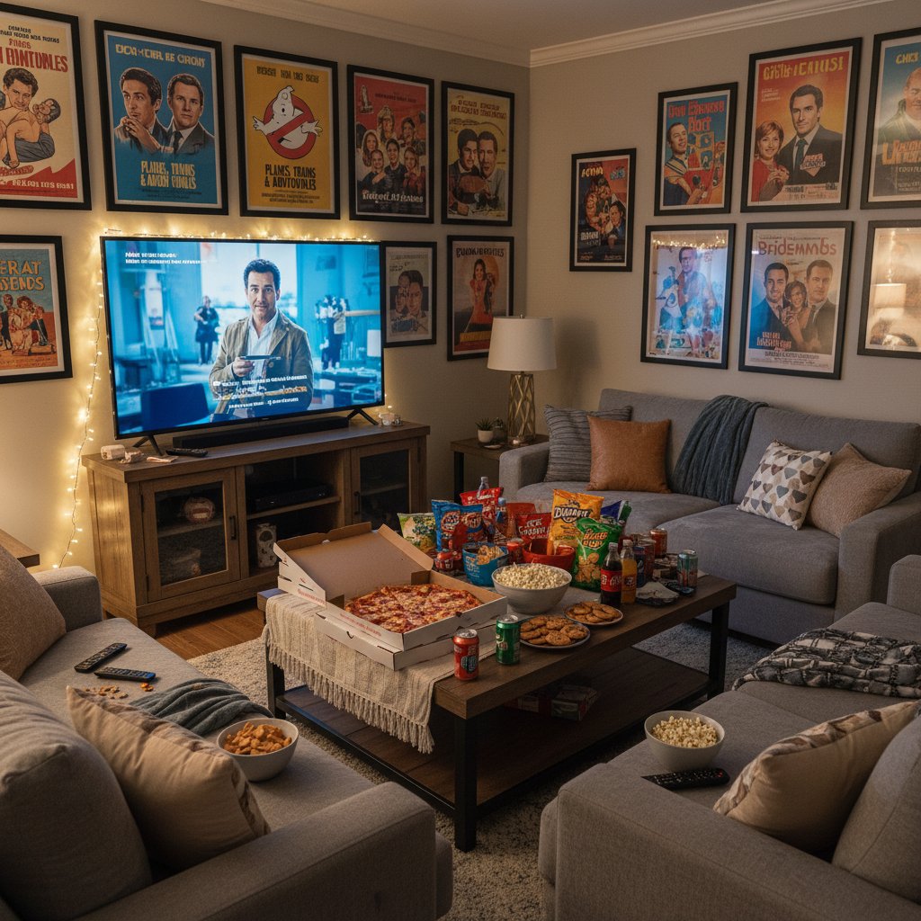 Living room prepared for a roundabout comedy movie marathon, showcasing eclectic decor and film posters