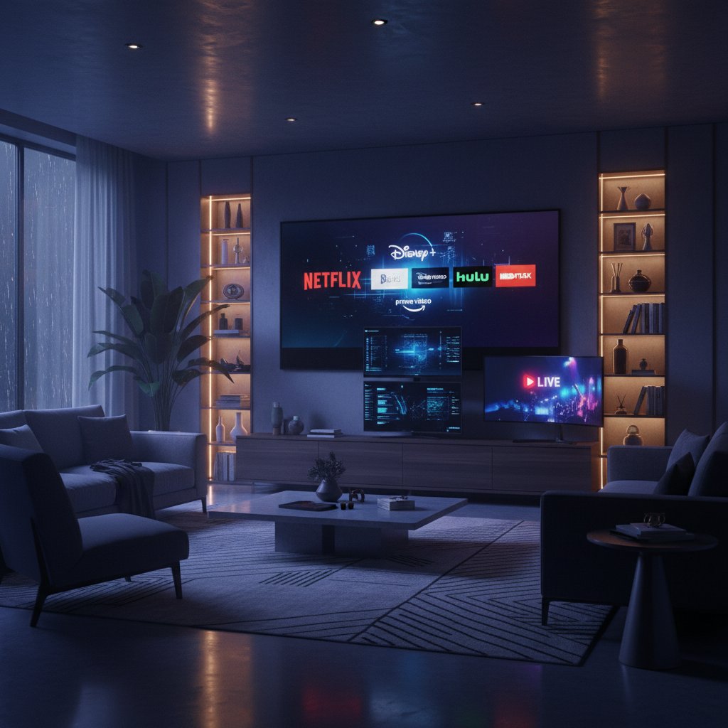 Living room with multiple screens, streaming platforms glowing, symbolizing movie transformation cinema