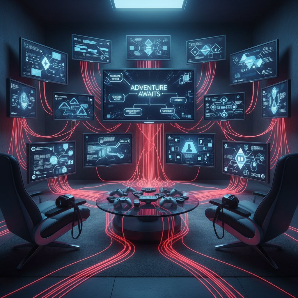 Photo of a living room with multiple TV screens and game controllers connected by red threads, representing interconnected narratives
