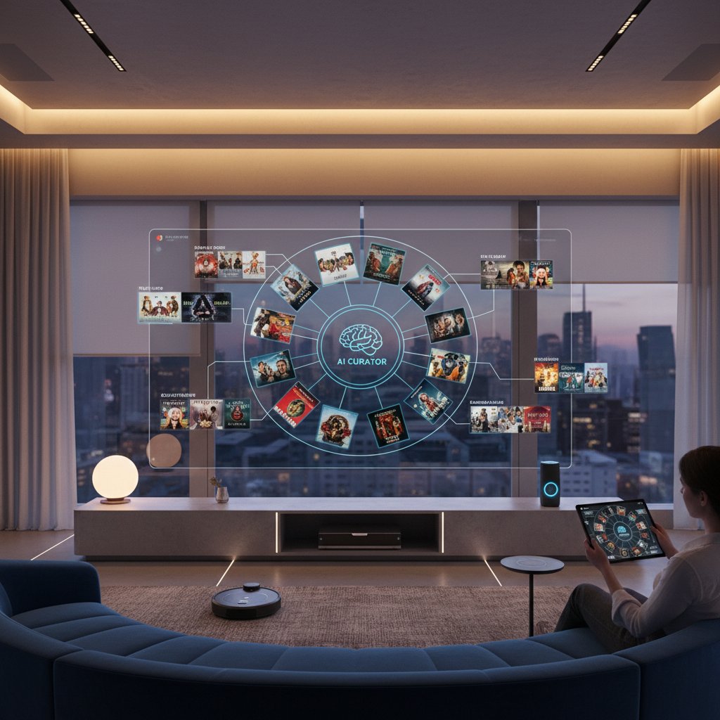 A creative photo of a modern living room with smart devices and interactive screens, symbolizing the future of AI movie curation