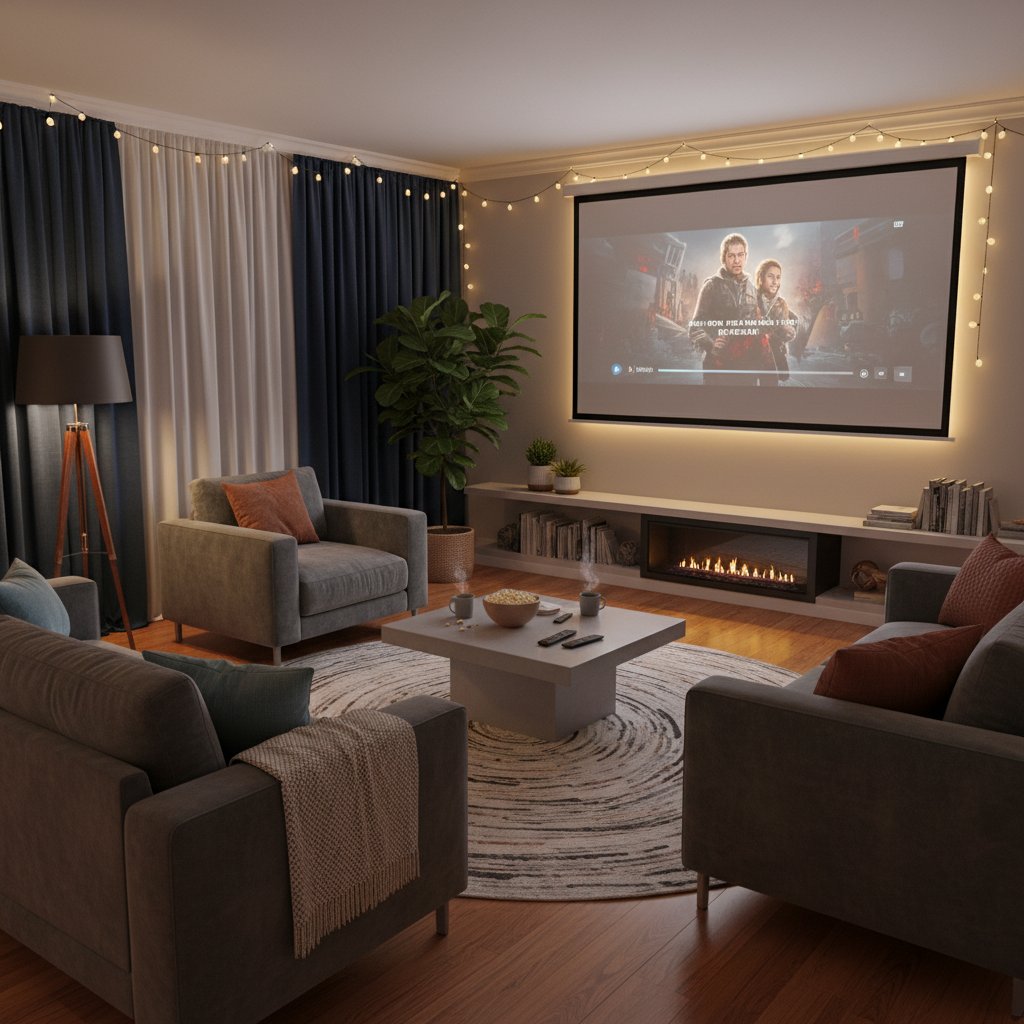 Living room cinema setup for movie night, cozy and modern atmosphere, real home photo
