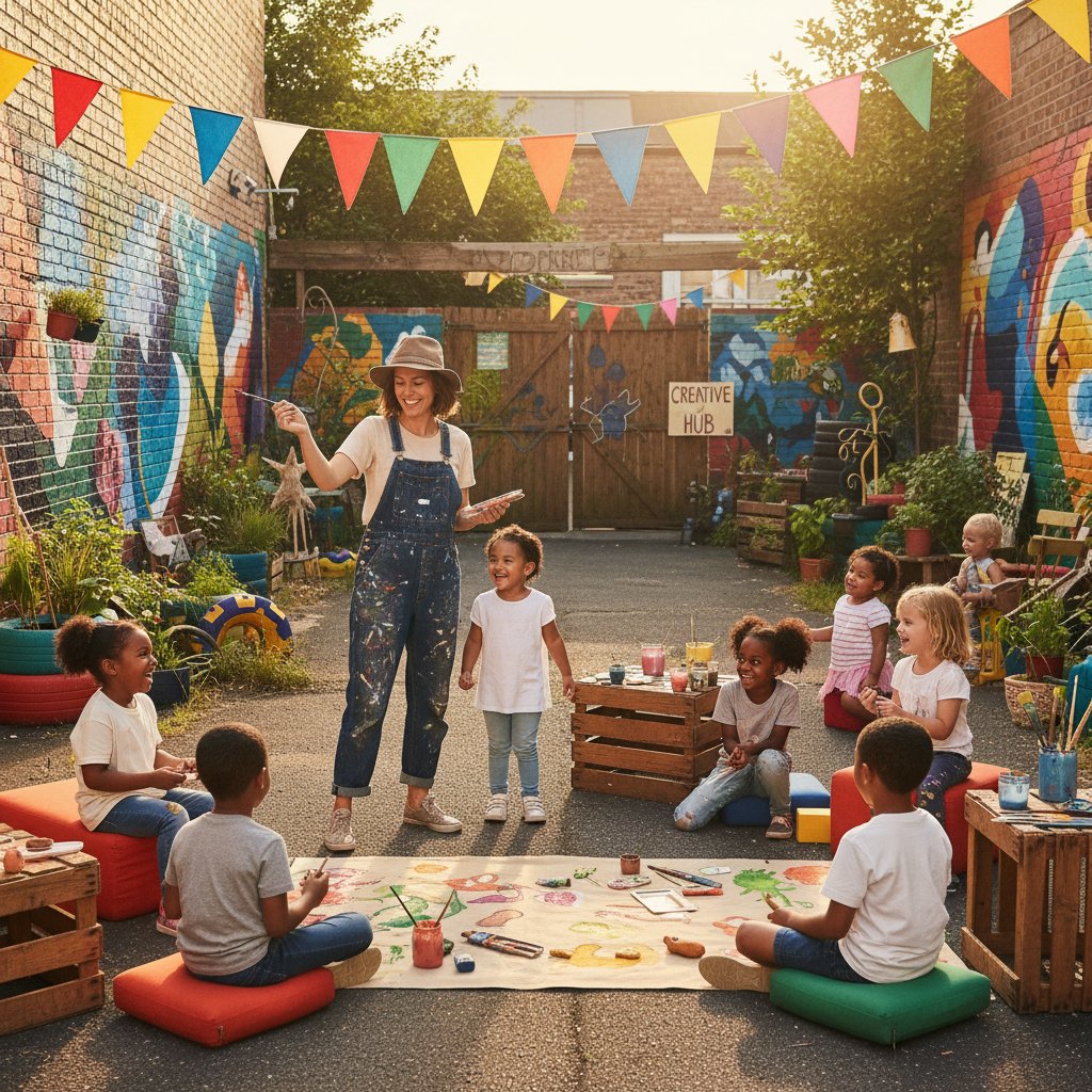 Artysta prowadzący warsztaty dla dzieci na podwórku miejskim