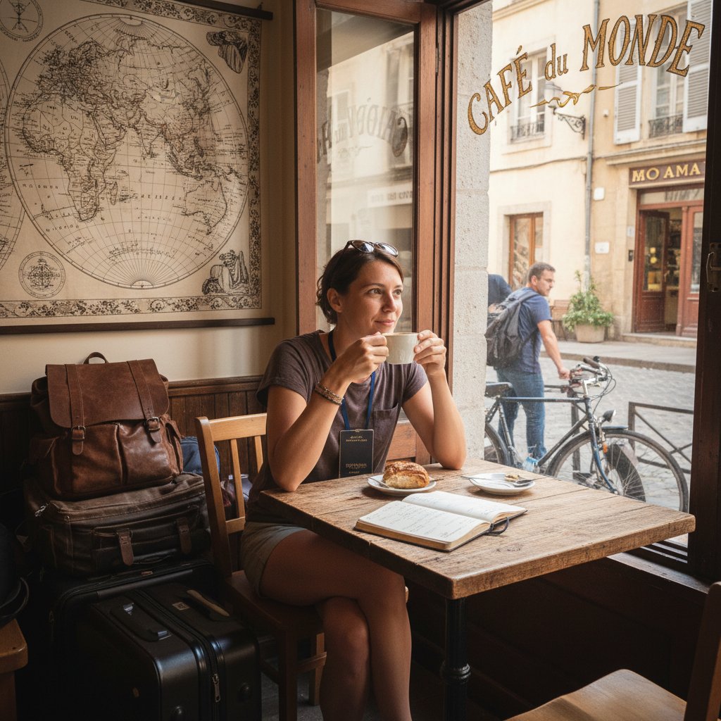 Podróżnik w małej kawiarni z lokalną kuchnią, słowa kluczowe: autentyczne doświadczenie, lokalne, przesiadka