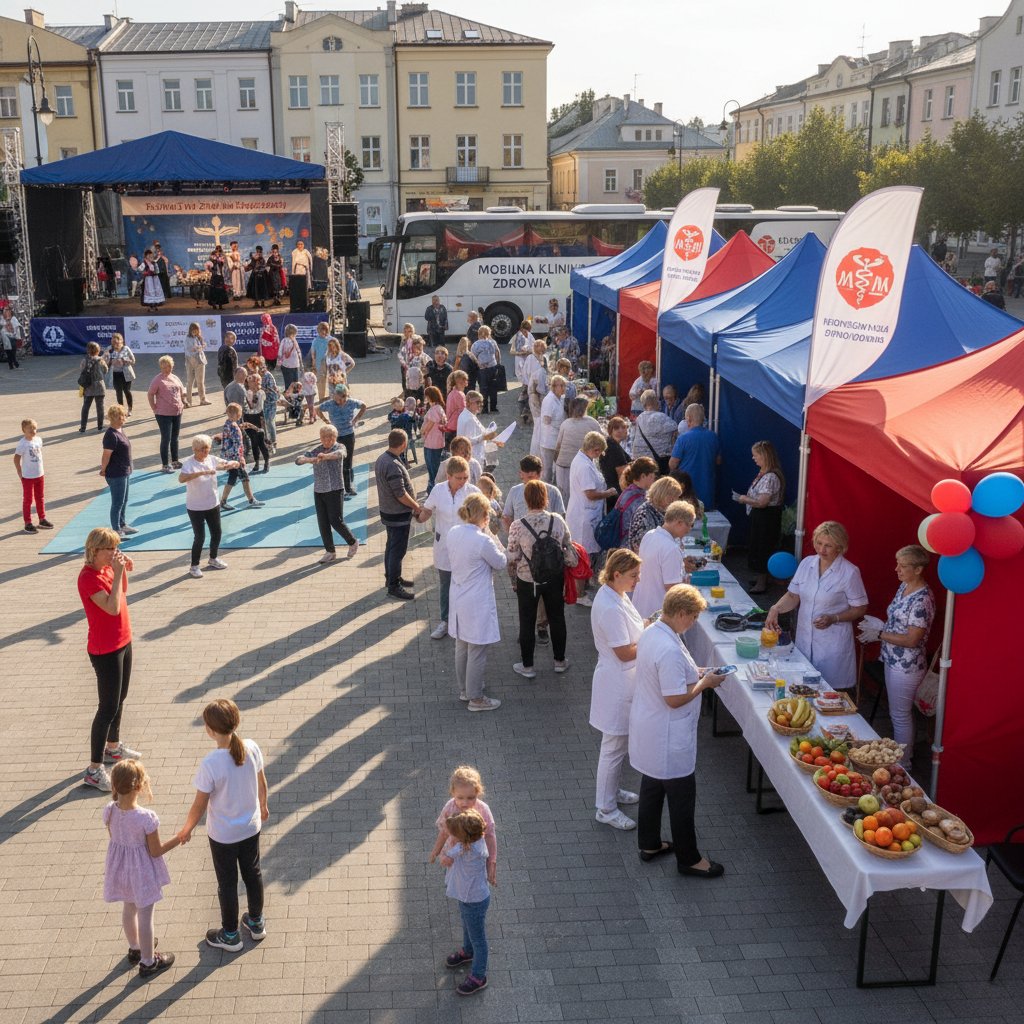 Lokalne wydarzenie zdrowotne w Polsce, interakcje uczestników, żywa atmosfera