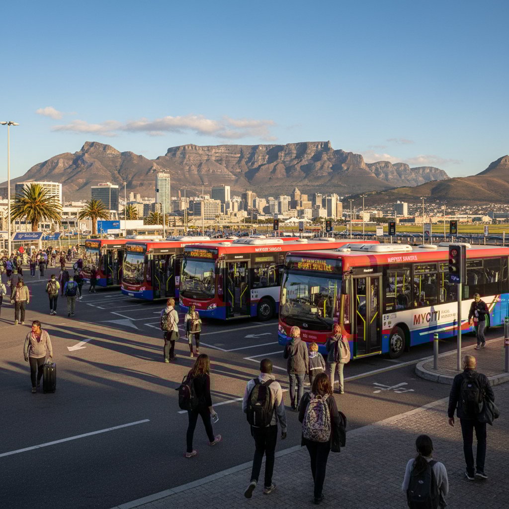 Local commuters and travelers at Cape Town airport transport hub, public shuttle, city skyline