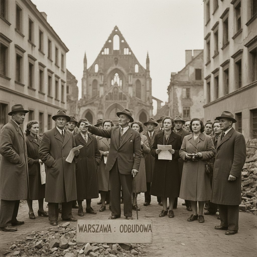 Przewodnik pokazujący archiwalne zdjęcia grupie turystów w Warszawie