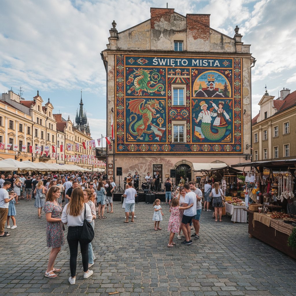 Zbliżenie na lokalny mural i przechodniów podczas wydarzenia ulicznego w polskim mieście