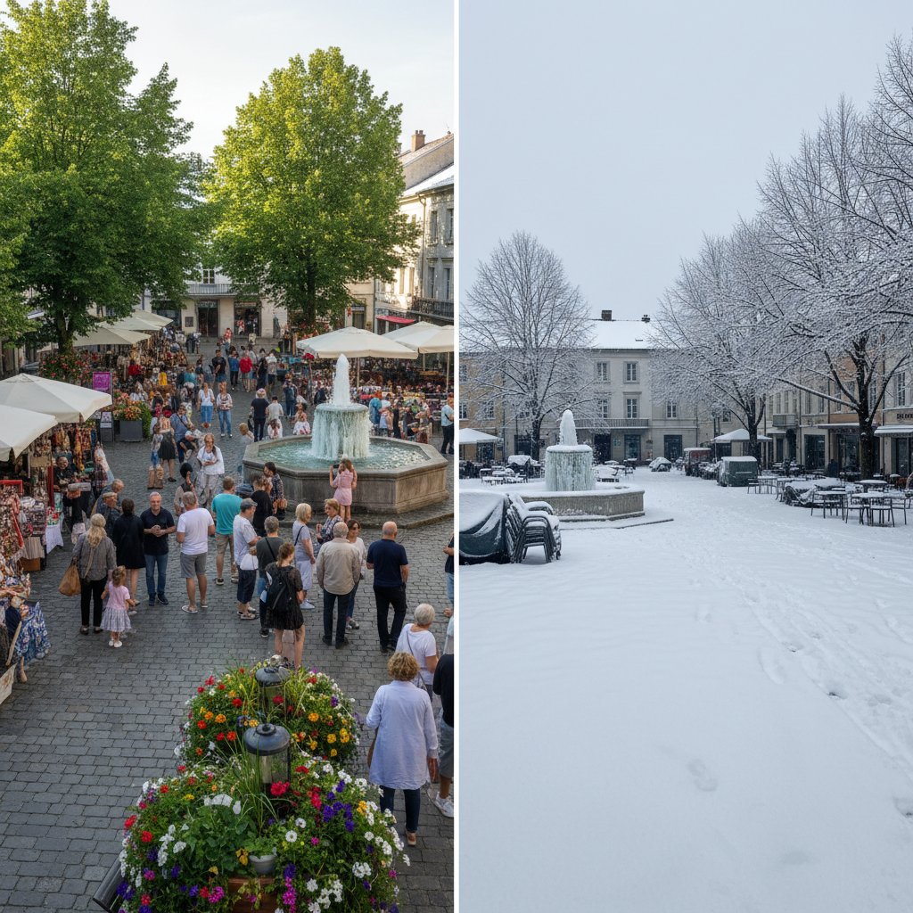 Rynek małego miasta latem pełen turystów, zimą pusty i opustoszały