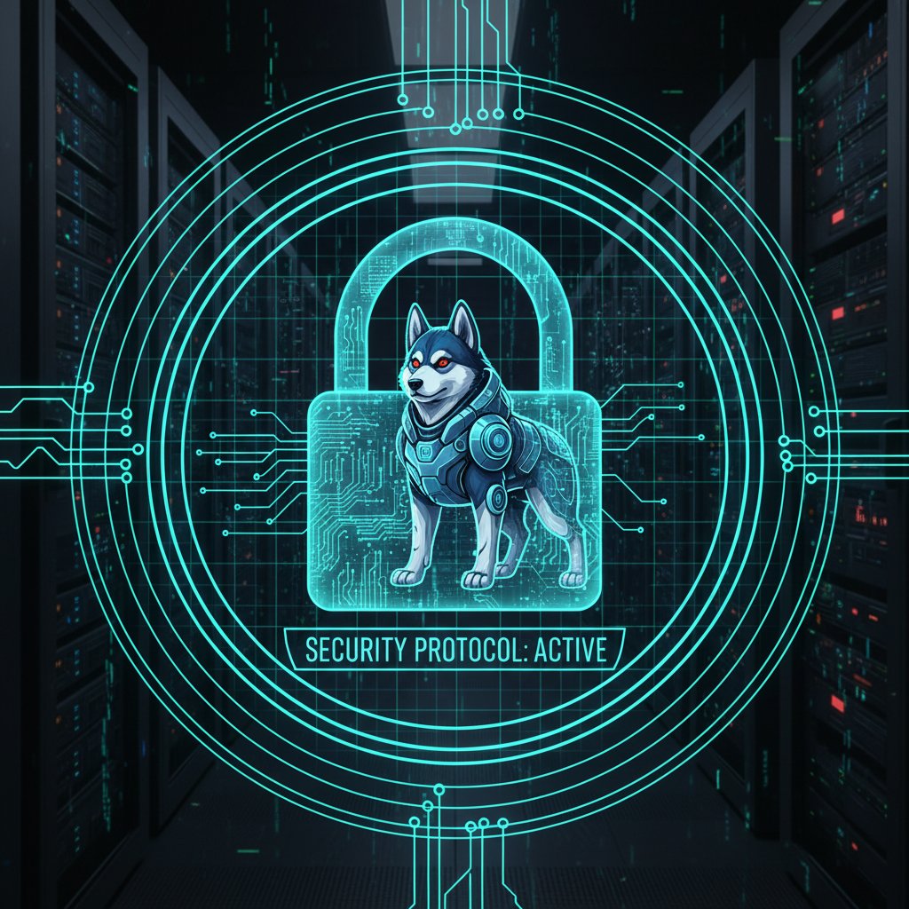 Kłódka na tle awatara wirtualnego psa, ilustrująca bezpieczeństwo danych i ochronę prywatności