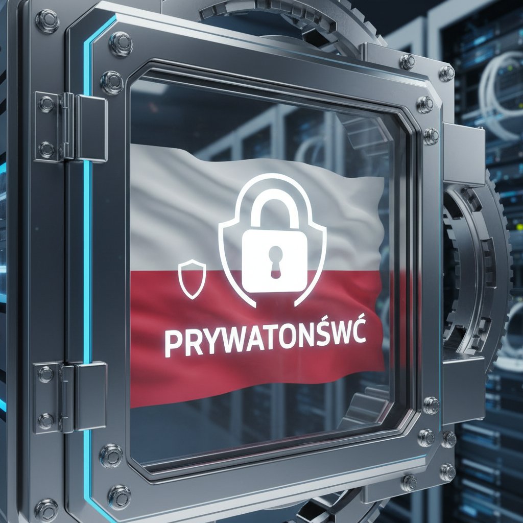 Zamknięty sejf cyfrowy z motywem polskiej flagi, symbol prywatności