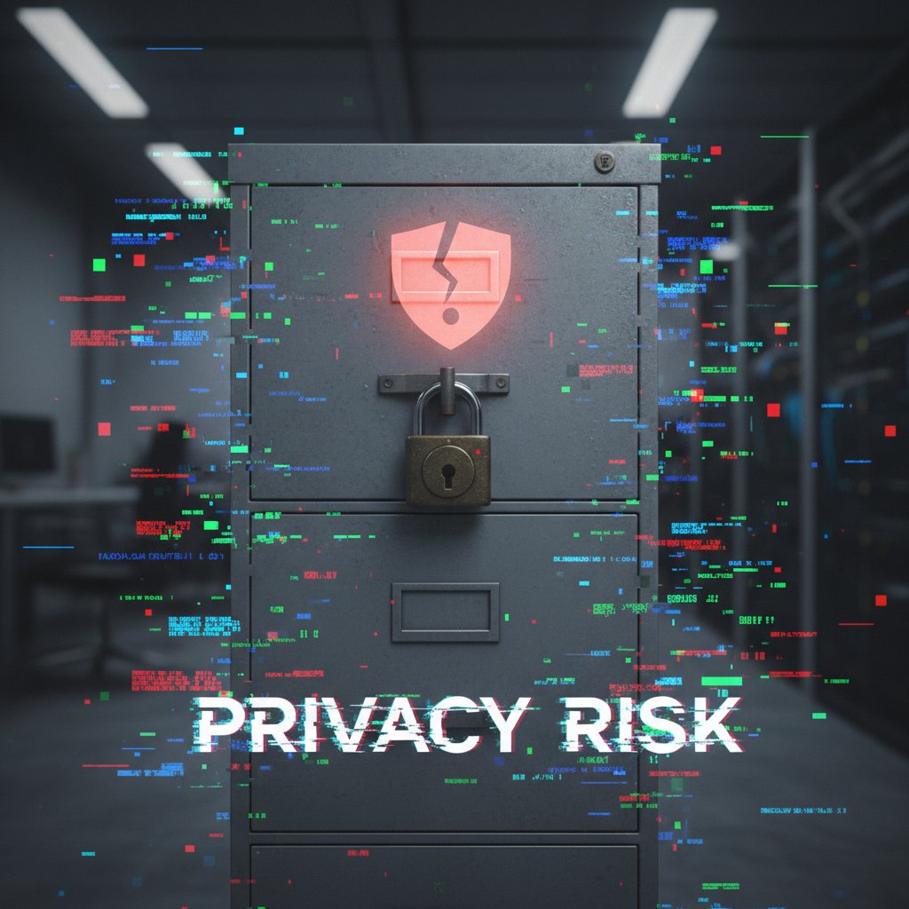 Locked file cabinet with a digital glitch overlay, symbolizing privacy risks in document automation