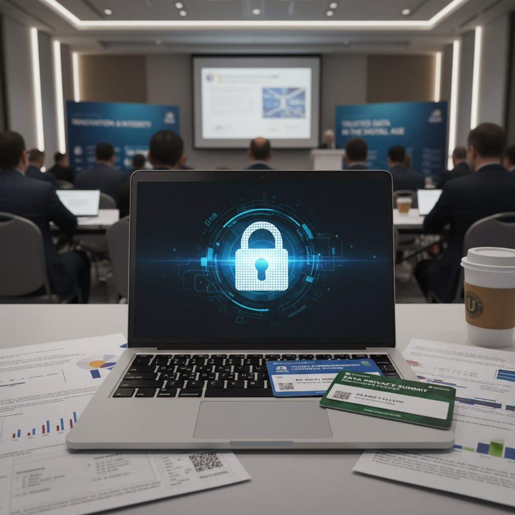 Close-up photo of a locked laptop with conference badges, symbolizing data security risks in academic event coordination