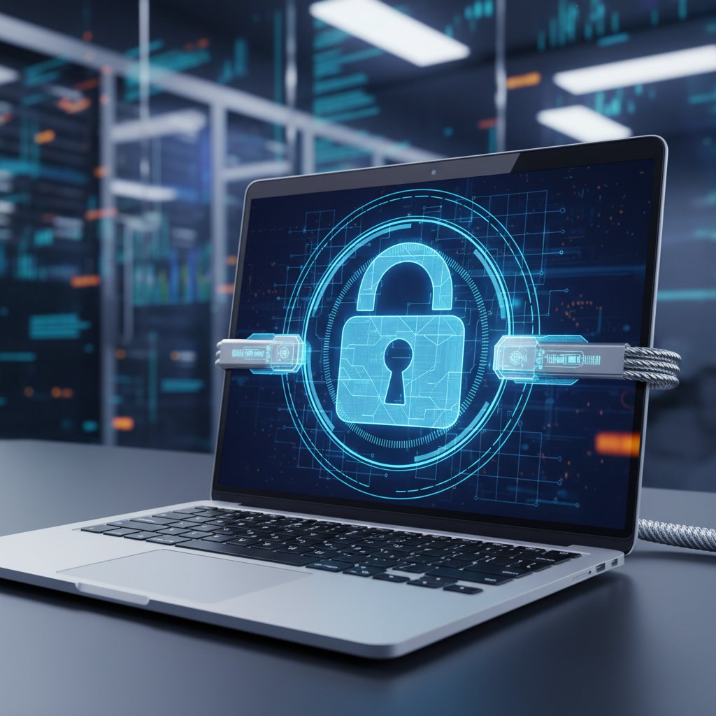 Bezpieczne dane podczas wysyłania podania online, laptop z kłódką, motyw bezpieczeństwa w edukacji online